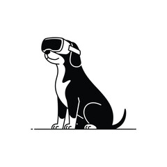Black and white cartoon dog wearing virtual reality headset sitting