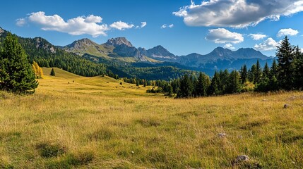 Obraz premium Golden meadow, mountains, and clouds