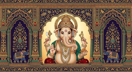 Illustration of ganesha, hindu god of beginnings, with traditional ornaments.