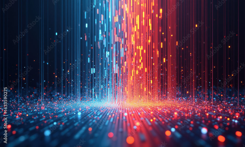 Poster digital data streams: blue and red particles flowing downward
