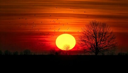 Obraz premium Glowing Sunset with Tree Silhouette and Birds