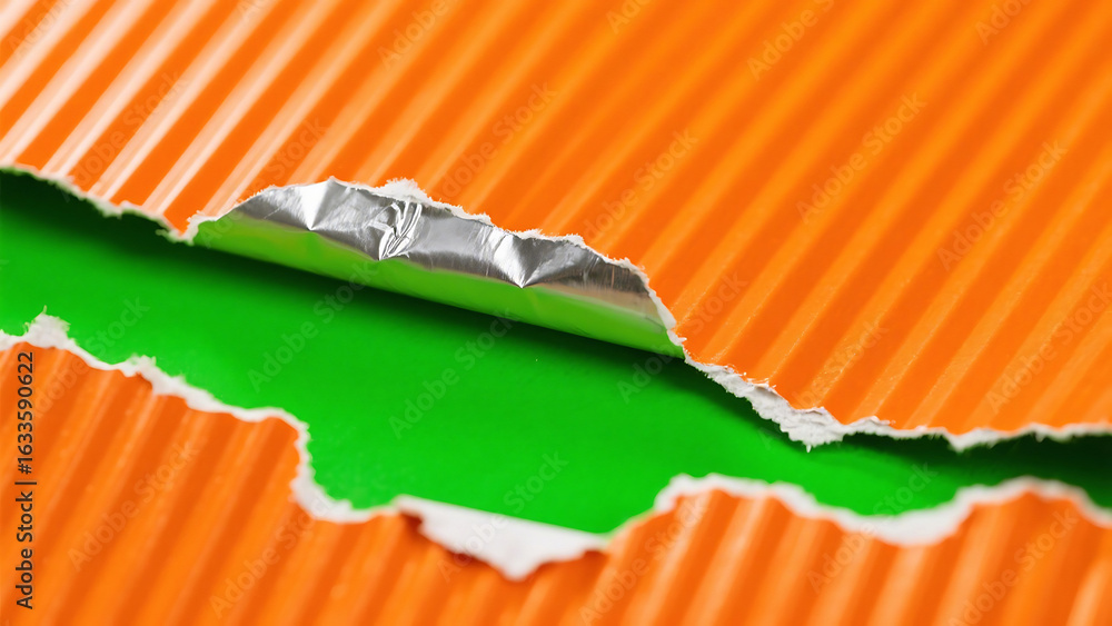 Poster a close up of torn orange cardboard with green and silver layers underneath creating a colorful effe