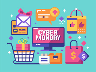 Cyber Monday Online Shopping Concept. Vector Illustration with Computer and Gifts. Cyber Monday Sale Vector, Online Shopping on Computer with Bags and Gifts