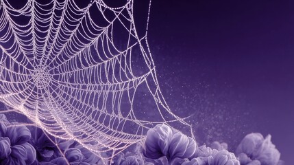 Dew-Kissed Spiderweb over Purple Flowers: Mystical Nature Background