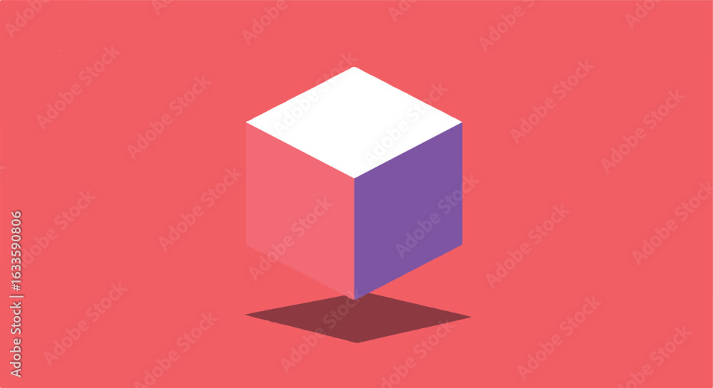 Poster isometric cube stands with sharp shadow against a red backdrop