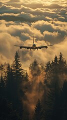 Fototapeta premium Passenger Airplane Flying Above Forest with Dramatic Cloudy Sky During Sunset