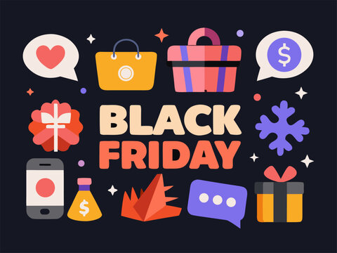 Black Friday Social Media Marketing Icons | Vector Set for Online Shopping. Black Friday Vector Illustration with Social Media and Shopping Icons