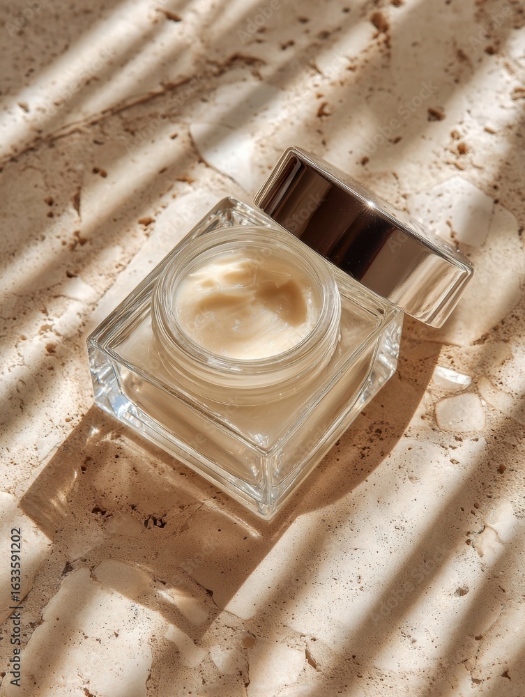 Poster cream container on textured surface with natural light casting shadows in a serene setting during th