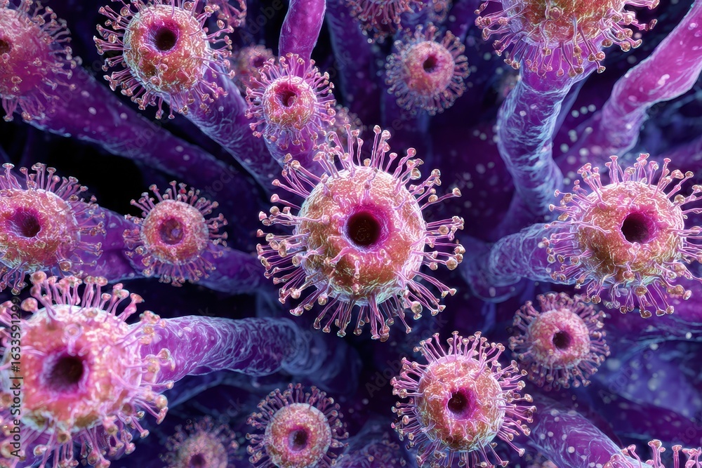 Aufkleber viruses observed under a microscope revealing unique structures and intricate details in vibrant col