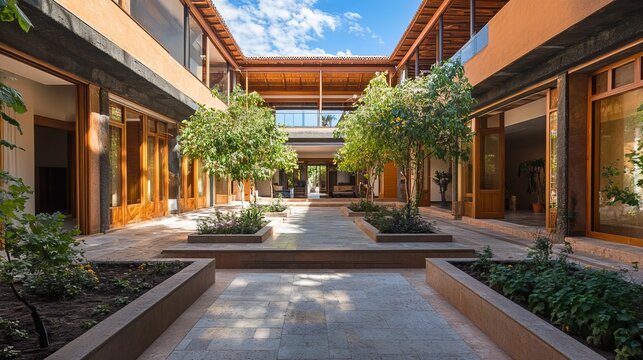 Light-filled courtyard with wooden architecture, lush plantings - Powered by Adobe