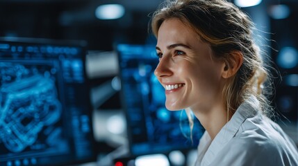 Smile woman side view using computer designing AI-based fraud prevention system