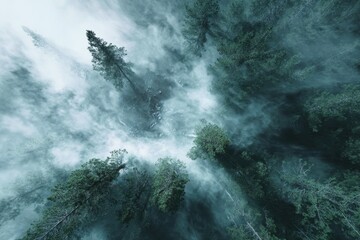Obraz premium Flying over fog clouds blanketing a dense forest, capturing nature's beauty and serenity from a lofty perspective at sunrise