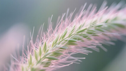 Obraz premium Close up shot of a delicate pink and green foxtail grass seed head against a blurred background