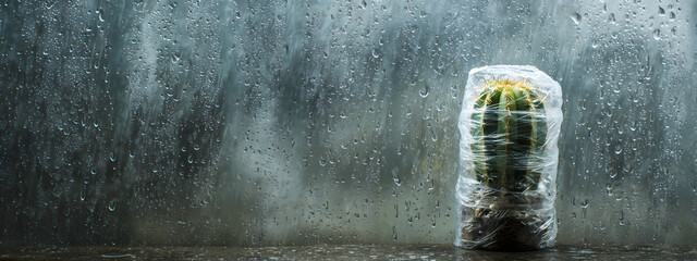 Verpackter Kaktus im Regen