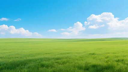Naklejka premium A serene landscape featuring a lush green field under a clear blue sky with scattered white clouds above