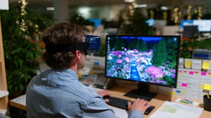 Immersive Experience: A man in an office setting engages with cutting-edge virtual reality technology, experiencing a vibrant digital landscape that transcends the physical realm. - Powered by Adobe
