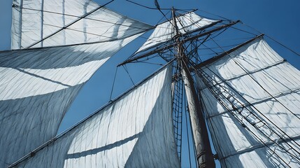 Obraz premium Tall ship sails against a blue sky showing rigging and canvas.