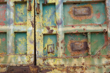 rusty green yellow iron plate. grunge iron panel. 