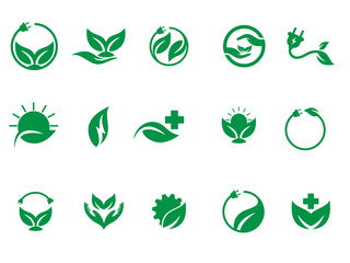 Green energy icon bundle vector with Eco Plug, Leaf, Sun, and Health Symbols. Eco-Friendly Vector Icons of Leaf, Plug, and Solar Power. Green ecology vector collection design template. 