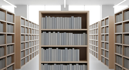 Rows of pristine wooden bookshelves filled with uniformly colored books create a serene, organized library atmosphere.