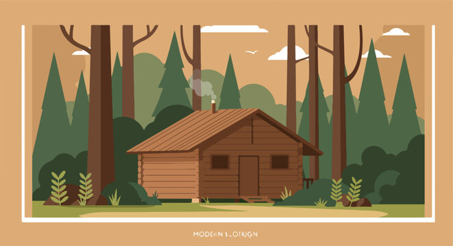Log cabin in a forest setting with tall trees and subtle clouds - Powered by Adobe