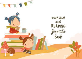 Cute Girl sitting on Stack of Book in Autumn Park. Vector illustration