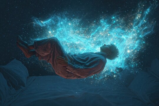 Exploring the realms of the subconscious through lucid dreaming and astral projection during a tranquil nighttime journey
