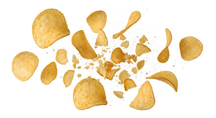 Potato chips exploding food snack isolated white background