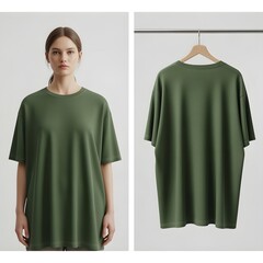 Woman in Olive Green Oversized T-shirt and T-shirt on Hanger on White