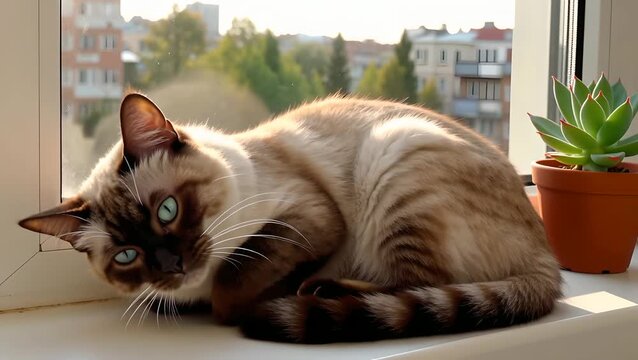 Seal point Birman cat relaxing on sunlit windowsill near succulent, eyes open then dozing off. Use for pet product ads, cozy home content, and animal care campaigns.