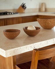 Rustic Kitchen Counter with Clay Bowls and Wooden Elements