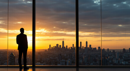 Successful businessman in a suit looking out from a high-rise office window at the city skyline during a golden sunset, symbolizing vision and ambition.
