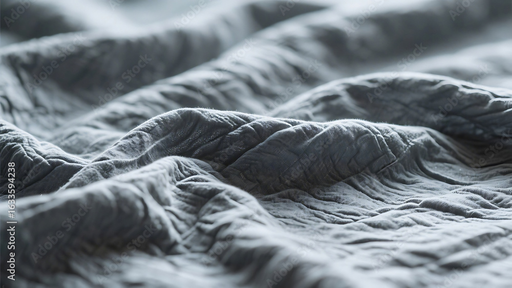 Poster close up shot of a gray wrinkled fabric showing texture and depth with soft lighting and shadows