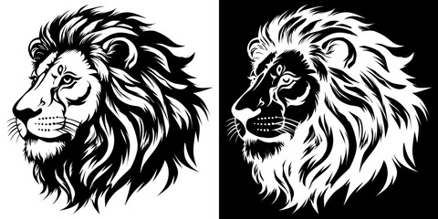 Regal Lion Profile Duo: High-Contrast Graphic Art in Black and W