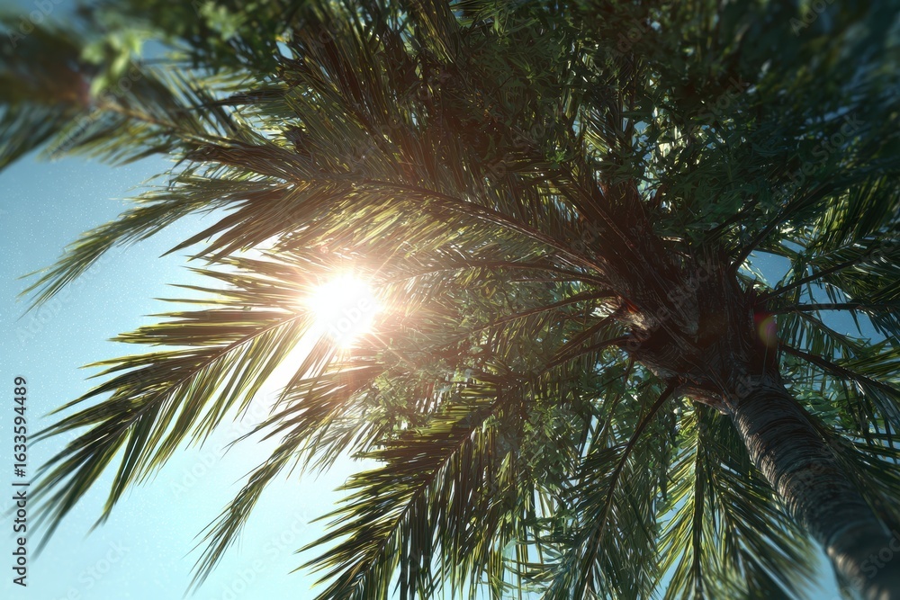 Poster sun rays filtering through lush palm tree leaves create a serene atmosphere in a tropical setting du