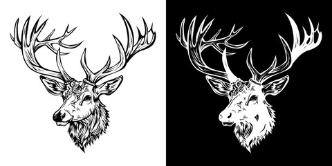 High-Contrast Stag Head Illustration: Dual Black and White Graph