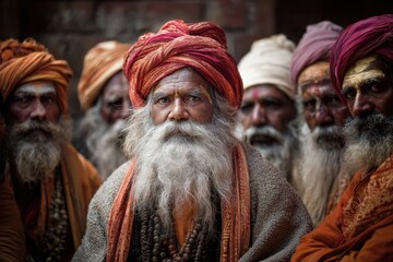 Fototapeta premium Gathering of Indian saints surrounded by their disciples during spiritual teachings in a vibrant atmosphere