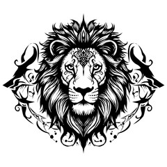 A powerful, symmetrical black and white illustration of a lion's head. Features an intense gaze, intricate Celtic knot on the forehead, and ornate tribal-style flourishes.