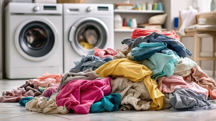 Pile of colorful laundry waiting to be washed in a bright laundry room with modern appliances