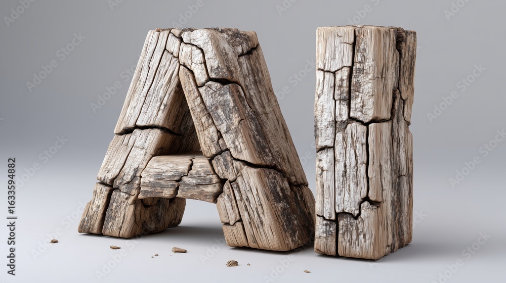 Poster wooden letters resembling ai structure displayed on a minimalist background highlight the fusion of 