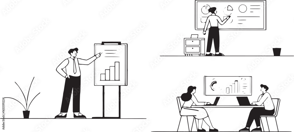 Poster business meeting with charts and graphs on whiteboard and computer presentation