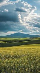 Scenic Landscape with Green Fields Rolling Hills and Cloudy Sky
