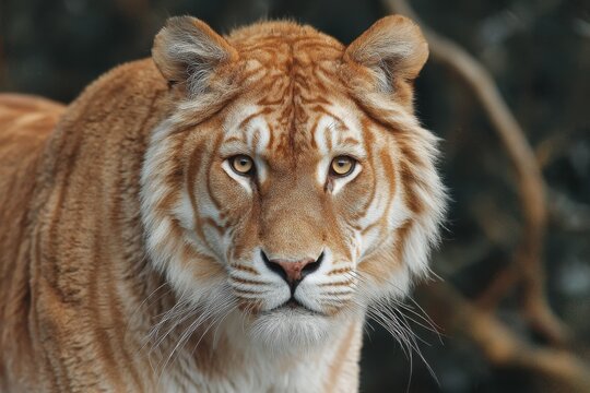 Rare liger showcases strength and beauty in a serene habitat during daylight, epitomizing the grandeur of hybrid wildlife