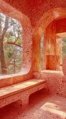 Artistic Coral Pink Interior Space with Organic Curves and Large Windows Natural Light Modern Design