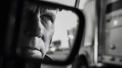 Man's face reflected in a vehicle side mirror black and white close-up.