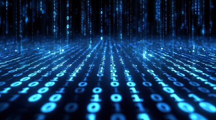 Digital data streams create a futuristic atmosphere in an abstract landscape of binary code and glowing blue lines