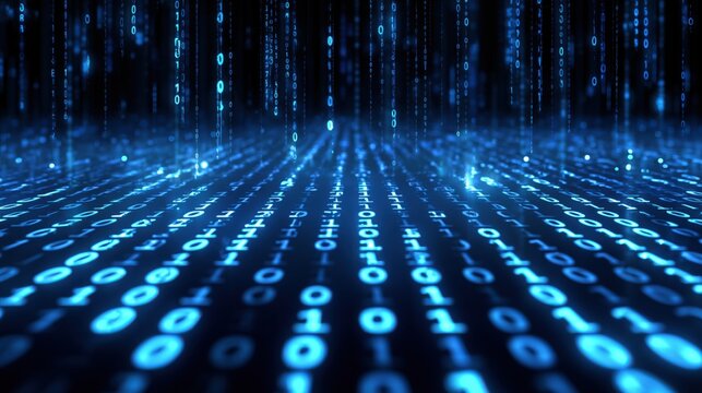 Digital data streams create a futuristic atmosphere in an abstract landscape of binary code and glowing blue lines