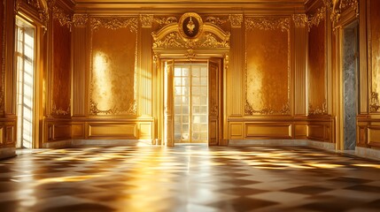 Luxurious Gold Ornate Ballroom with Sunlight Streaming Through Large Windows