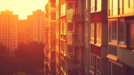 Urban apartment buildings bathed in golden sunset light