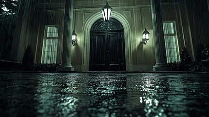 Dark Elegant Mansion Entrance During Rain with Illuminated Lanterns and Water Reflection